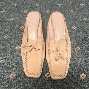 Franco Sarto Women's Sz 7M Suede Mules Leather Tassel Block Heel Pink Nuetral